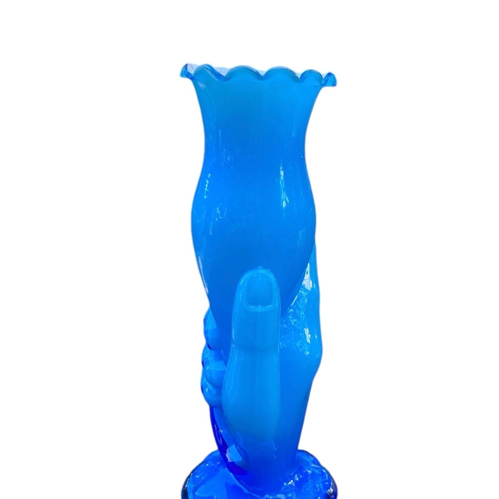 Vintage Fenton Art Blue Overlay Milk Glass Ripple Hand Vase Torch RARE 8.5” - Picture 4 of 6